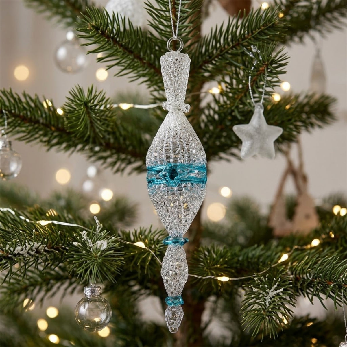 Crochet Glass Christmas Ornaments with Blue Leafing