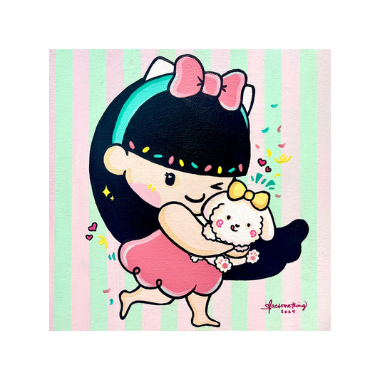 A girl hugging her pet painting