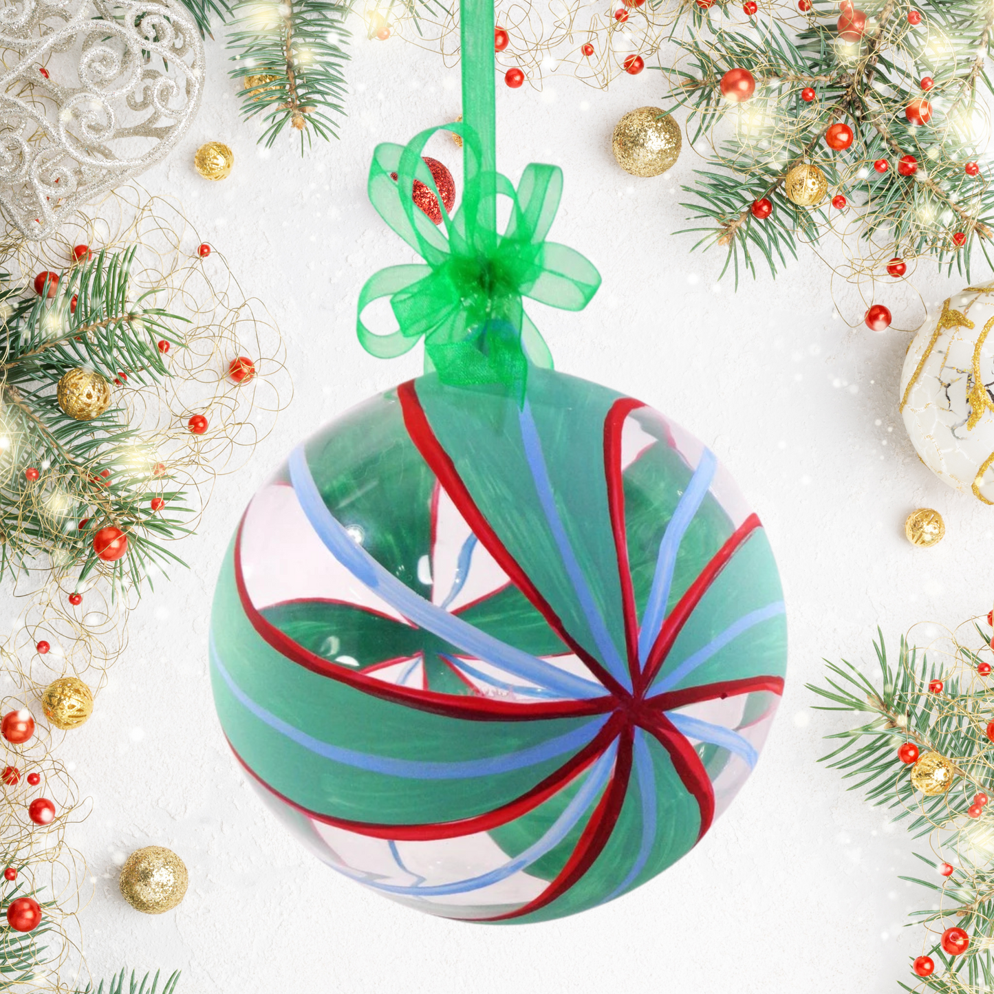 Set of 6pc Handpainted Glass Christmas Ornaments (Green Swirls)