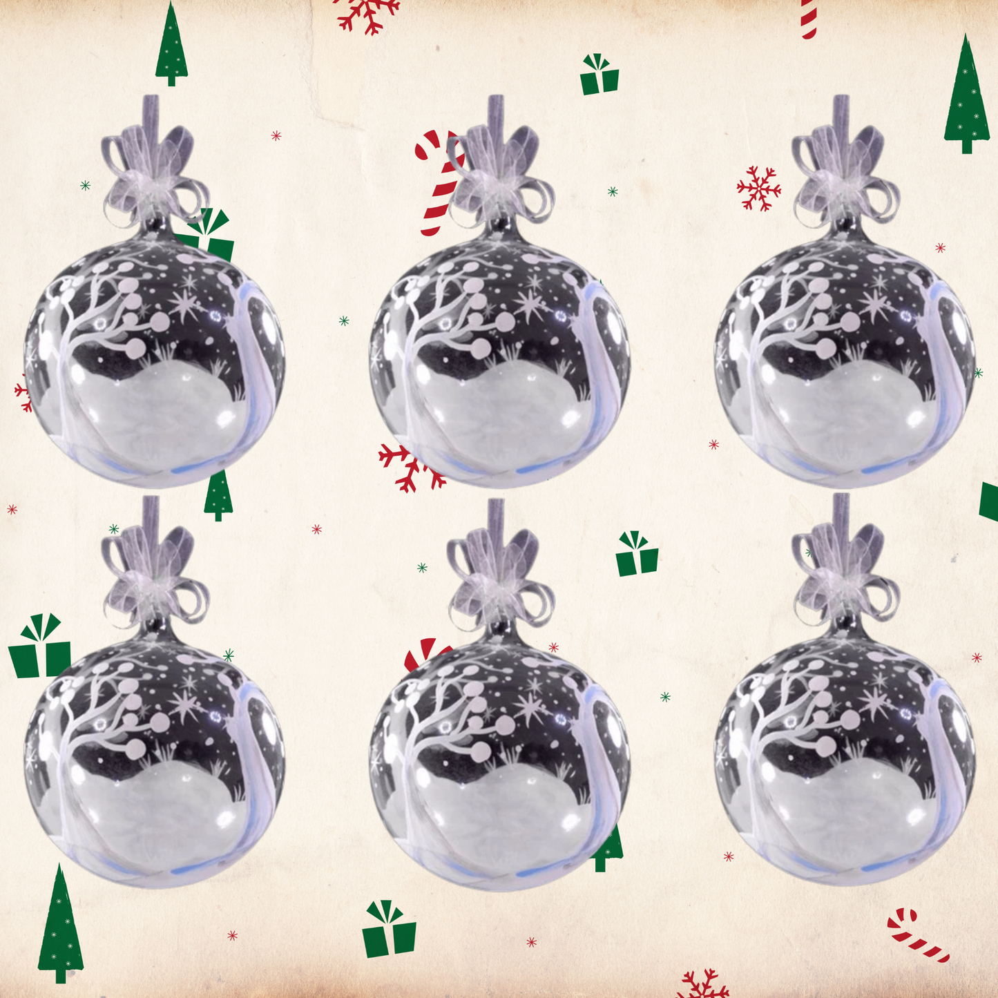 Set of 6pc Handpainted Glass Christmas Ornaments (White Trees)