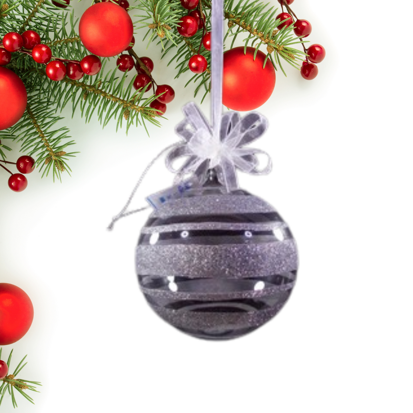 Set of 6pc Glass Christmas Tree Ornaments Balls (Silver Glitter)