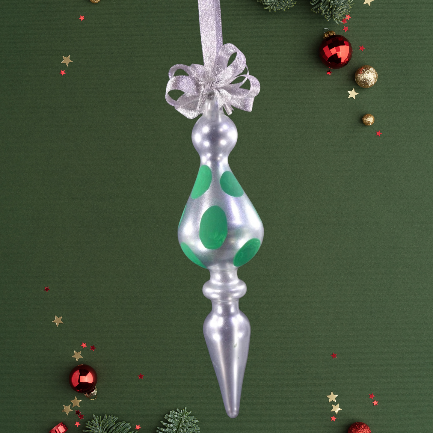 Set of 6pc Handpainted Glass Christmas Ornaments (Green Polka Dots)