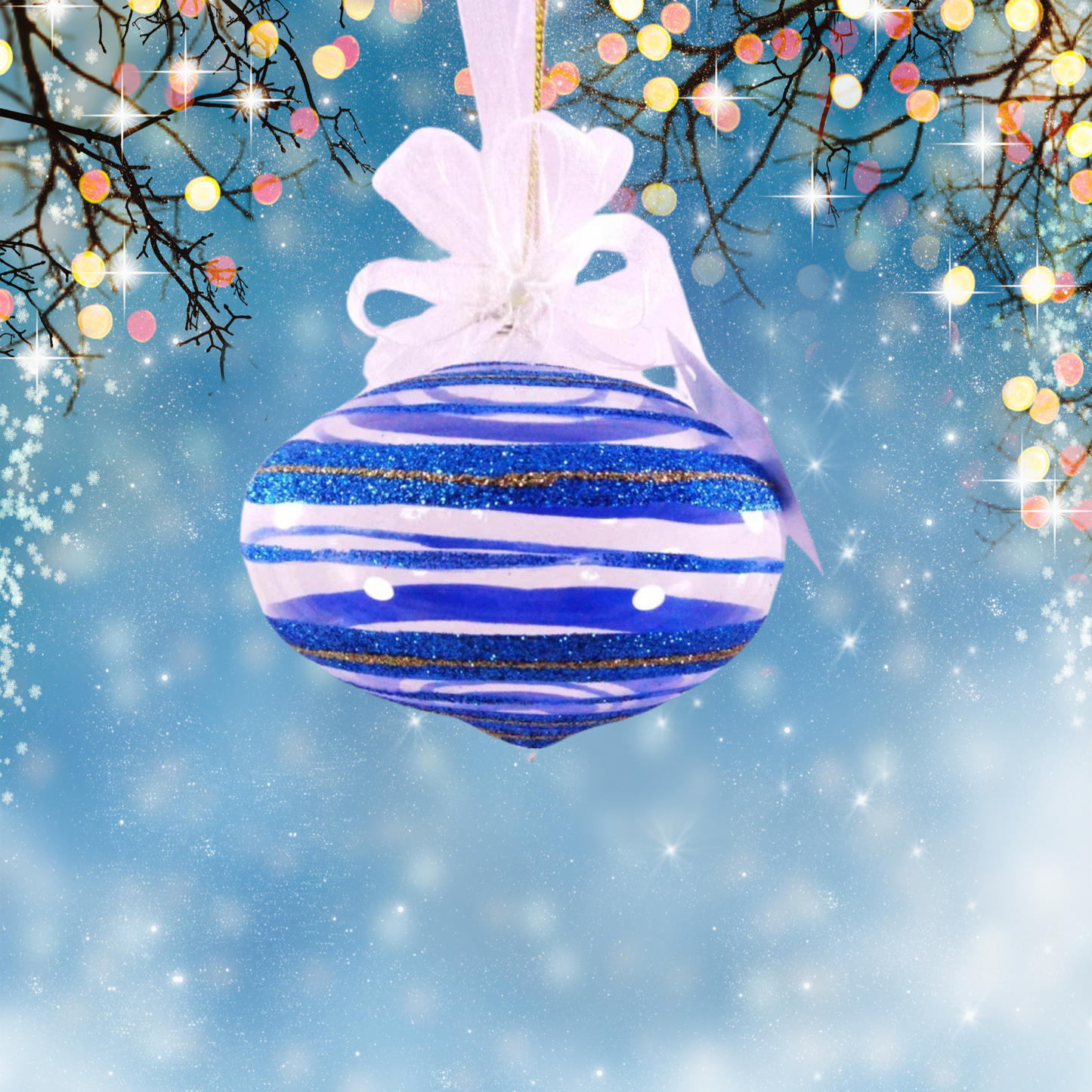 Set of 6pc Glass Christmas Tree Ornaments (Blue, White)