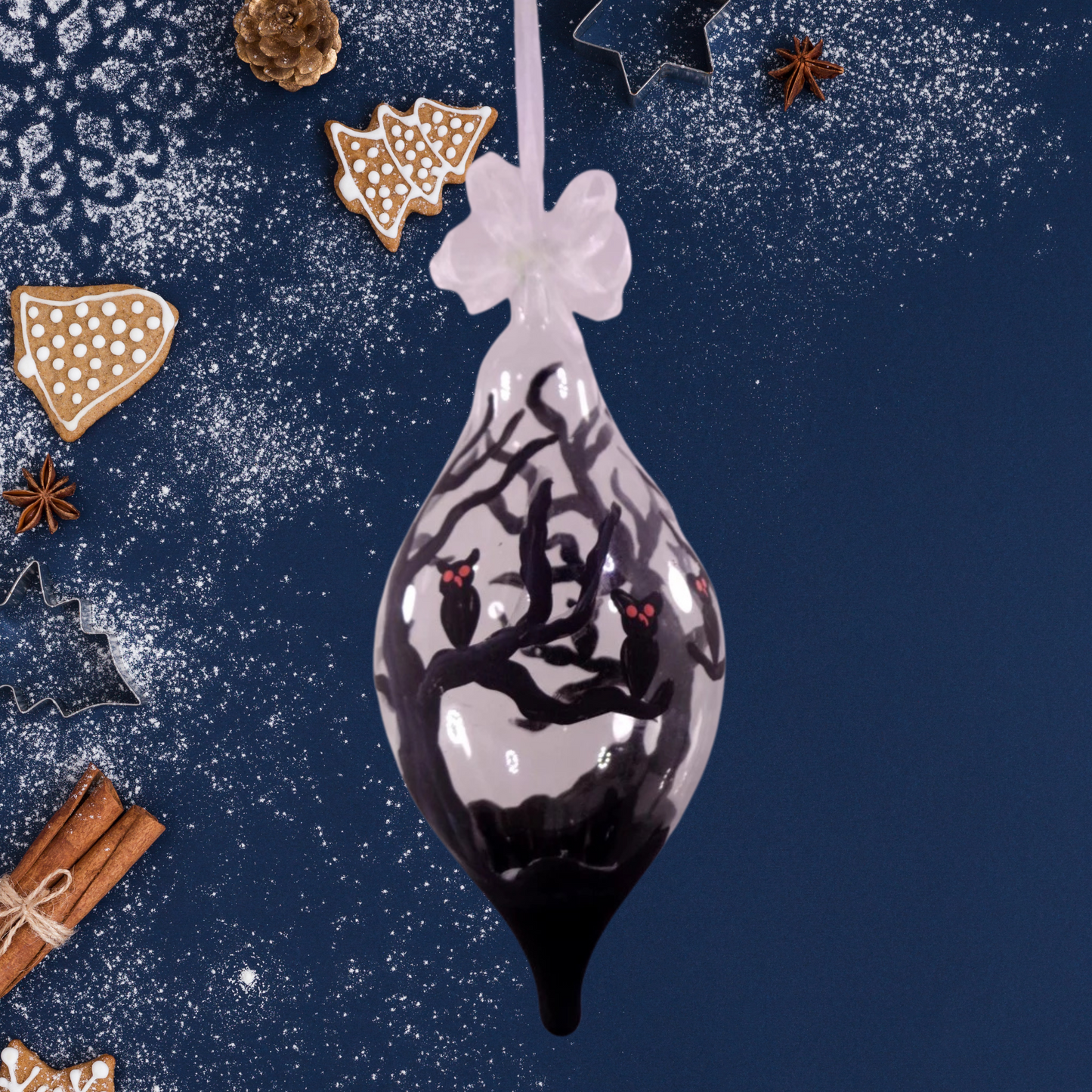 Set of 6pc Handpainted Glass Christmas Ornaments (Black Landscape)