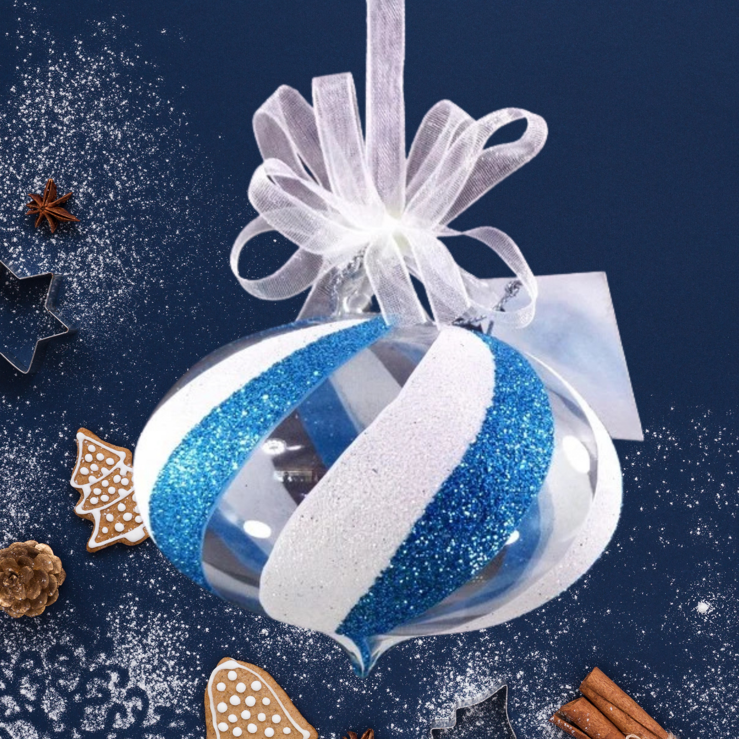 Set of 6pc Glitter Glass Christmas Tree Ornaments (Blue White Trompo)