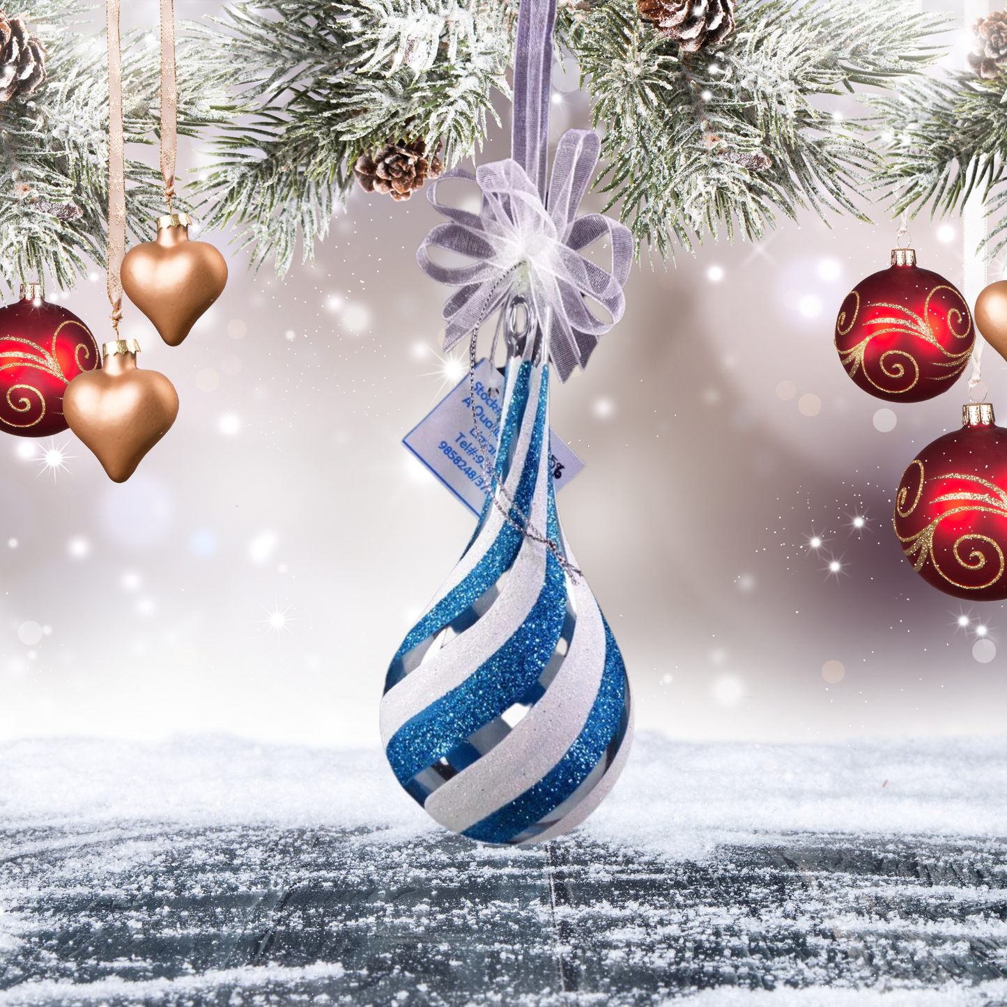 Set of 6pc Glitter Glass Christmas Tree Ornaments (Blue White Swirl)