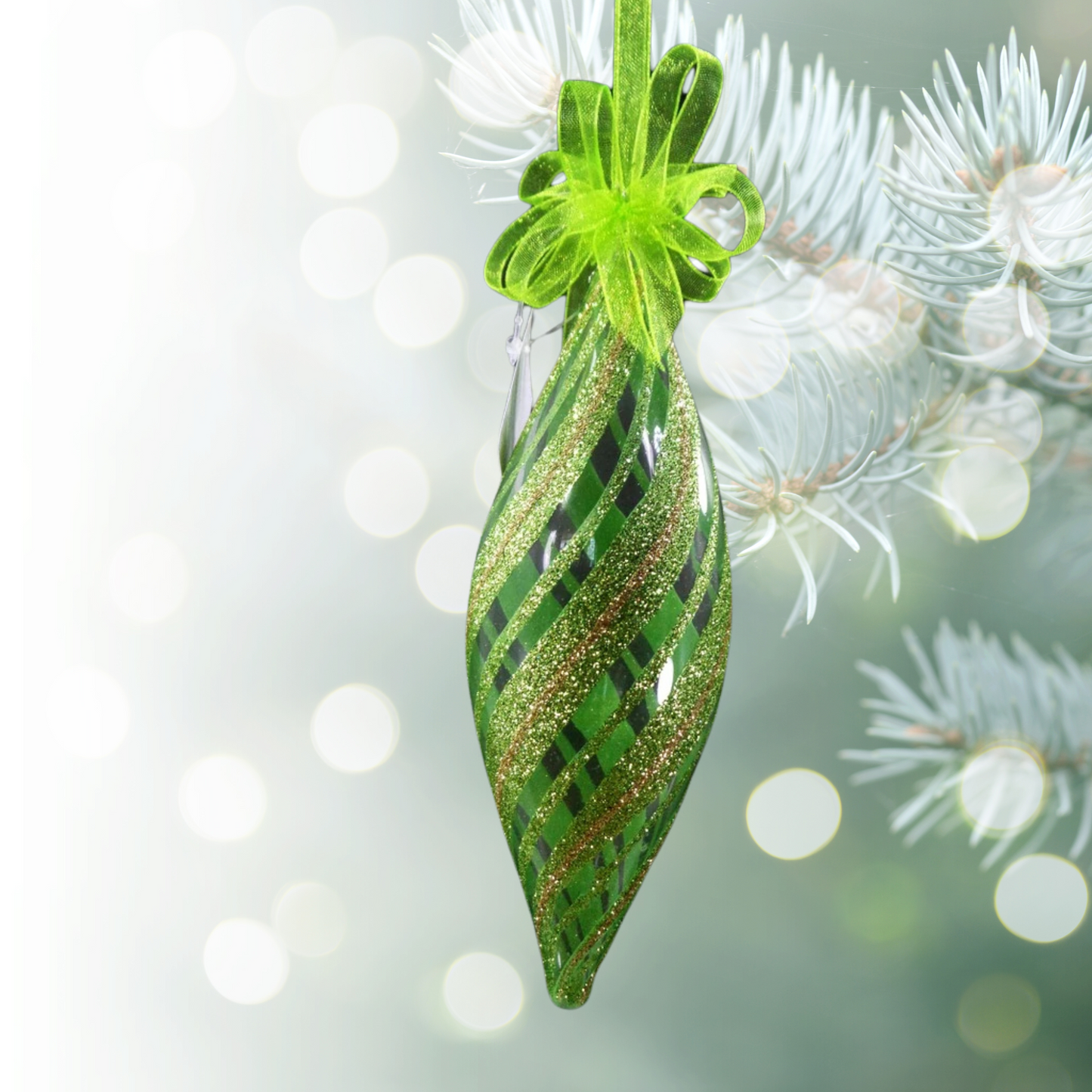 Set of 6pc Glitter Glass Christmas Tree Ornaments (Green & Gold Swirl)