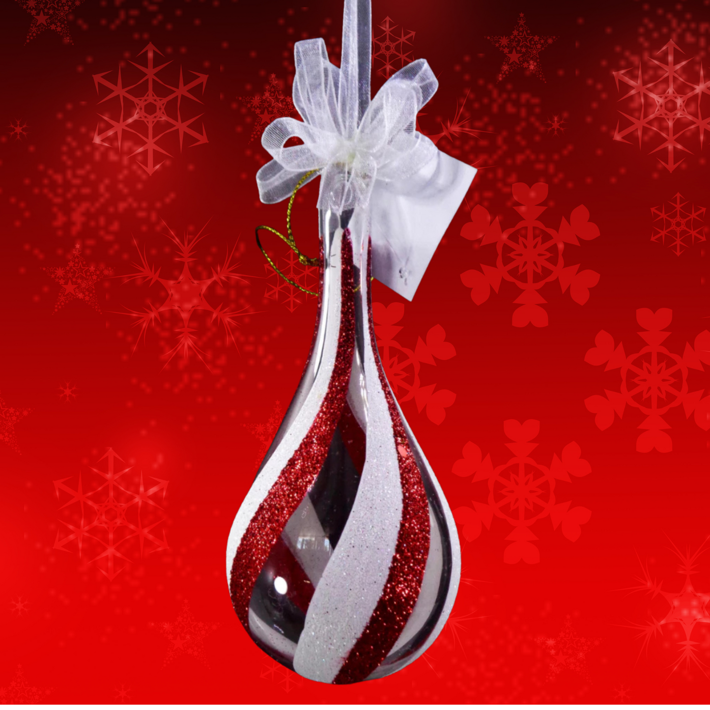 Set of 6pc Glitter Glass Christmas Tree Ornaments (Red & White Swirl)