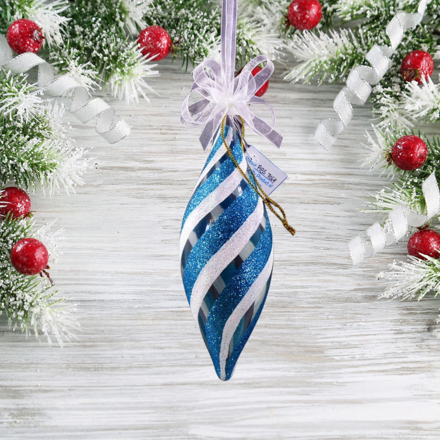 Set of 6pc Glitter Glass Christmas Tree Ornaments (Blue & White Swirls)