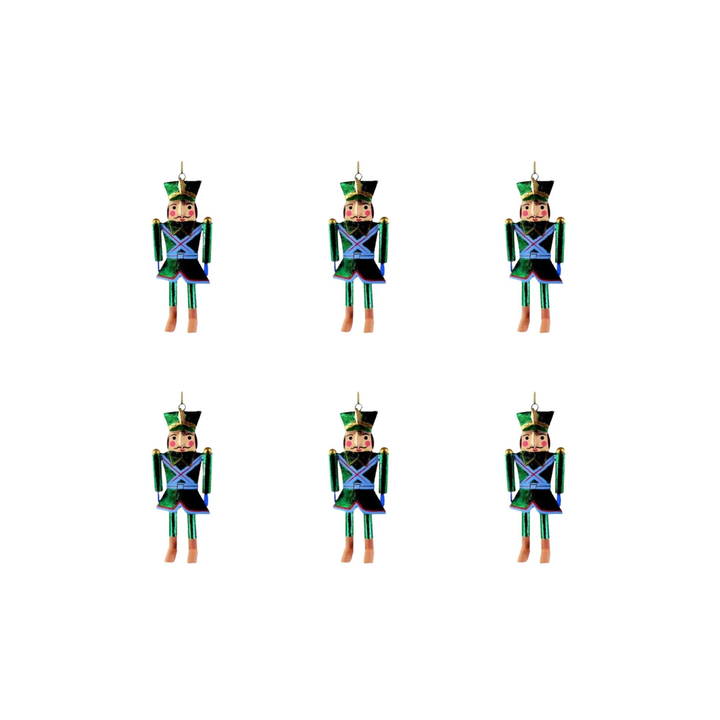 Set of 6pc Tins & Wire Christmas Tree Ornaments (Green Nutcracker)