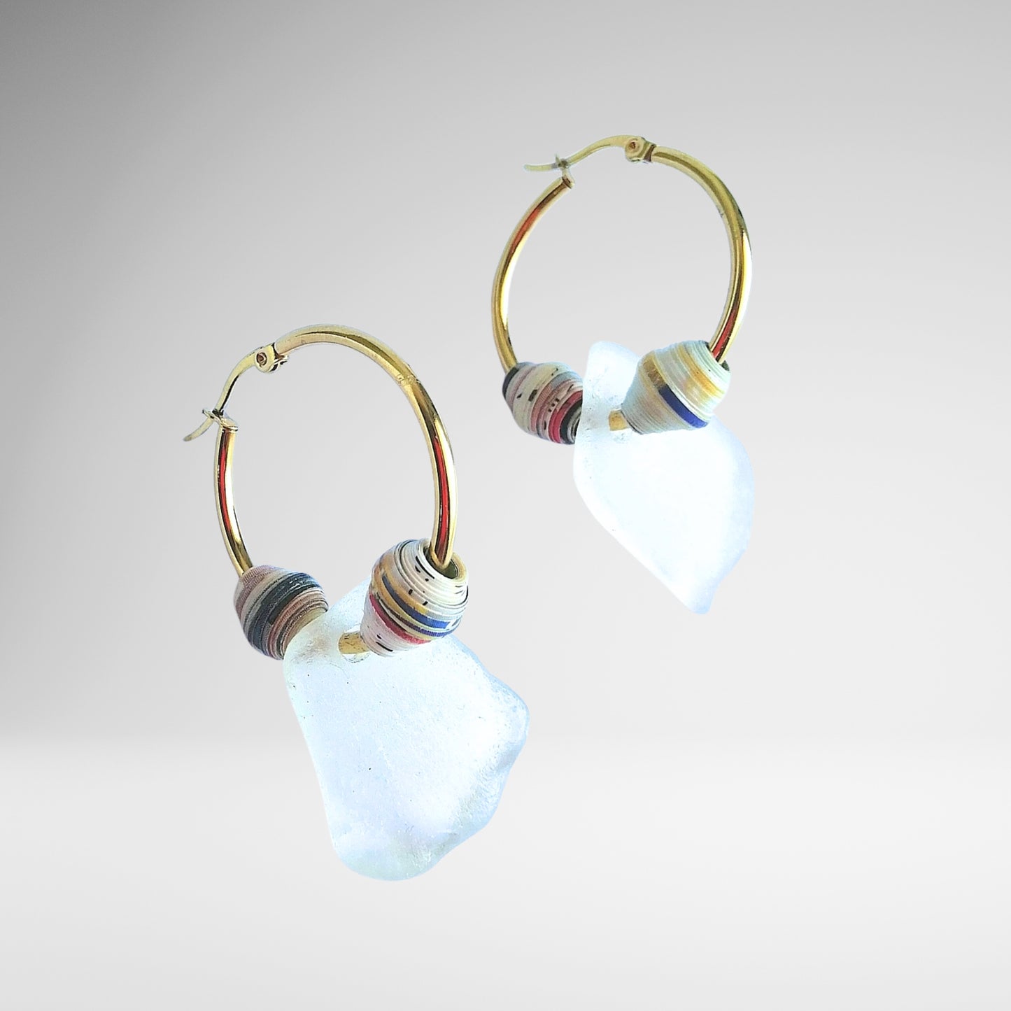 Seaglass Earring Hoop with Paper Beads