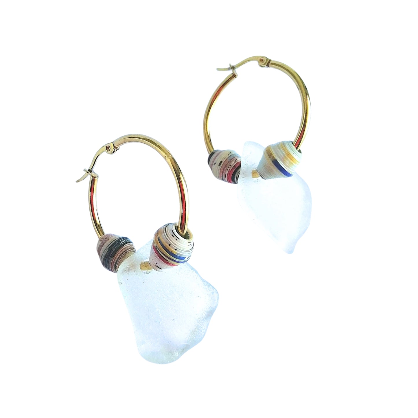 Seaglass Earring Hoop with Paper Beads