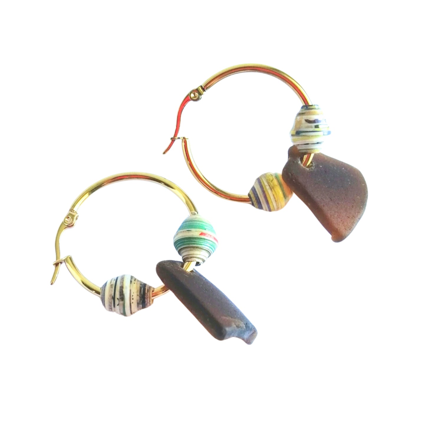 Seaglass Earring Hoop with Paper Beads