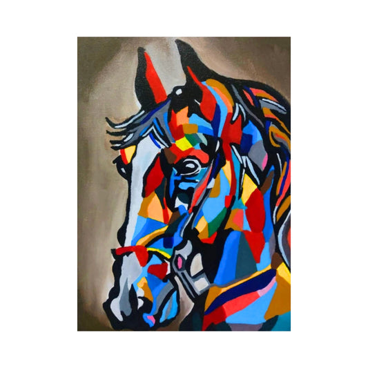Colorful abstract painting of a horse on a plain background