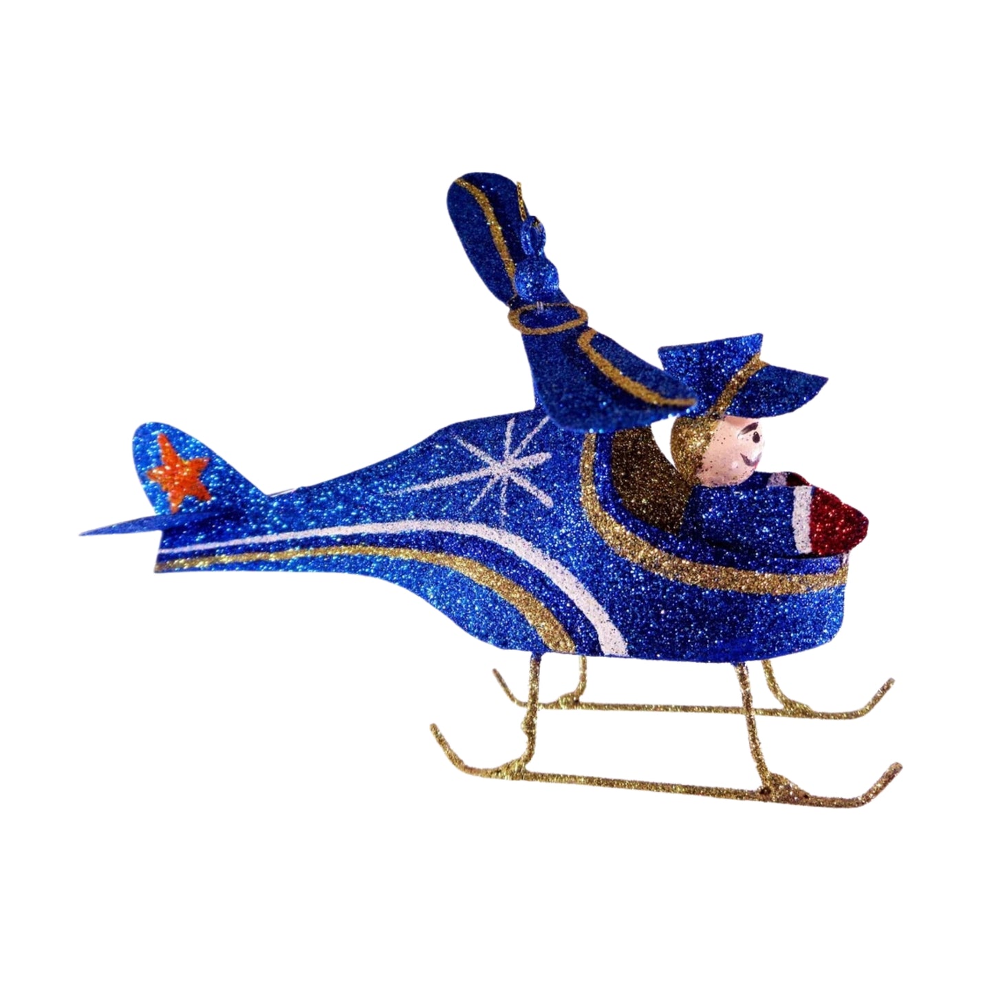 Set of 6pc Tins & Wire Blue Helicopter Christmas Ornaments