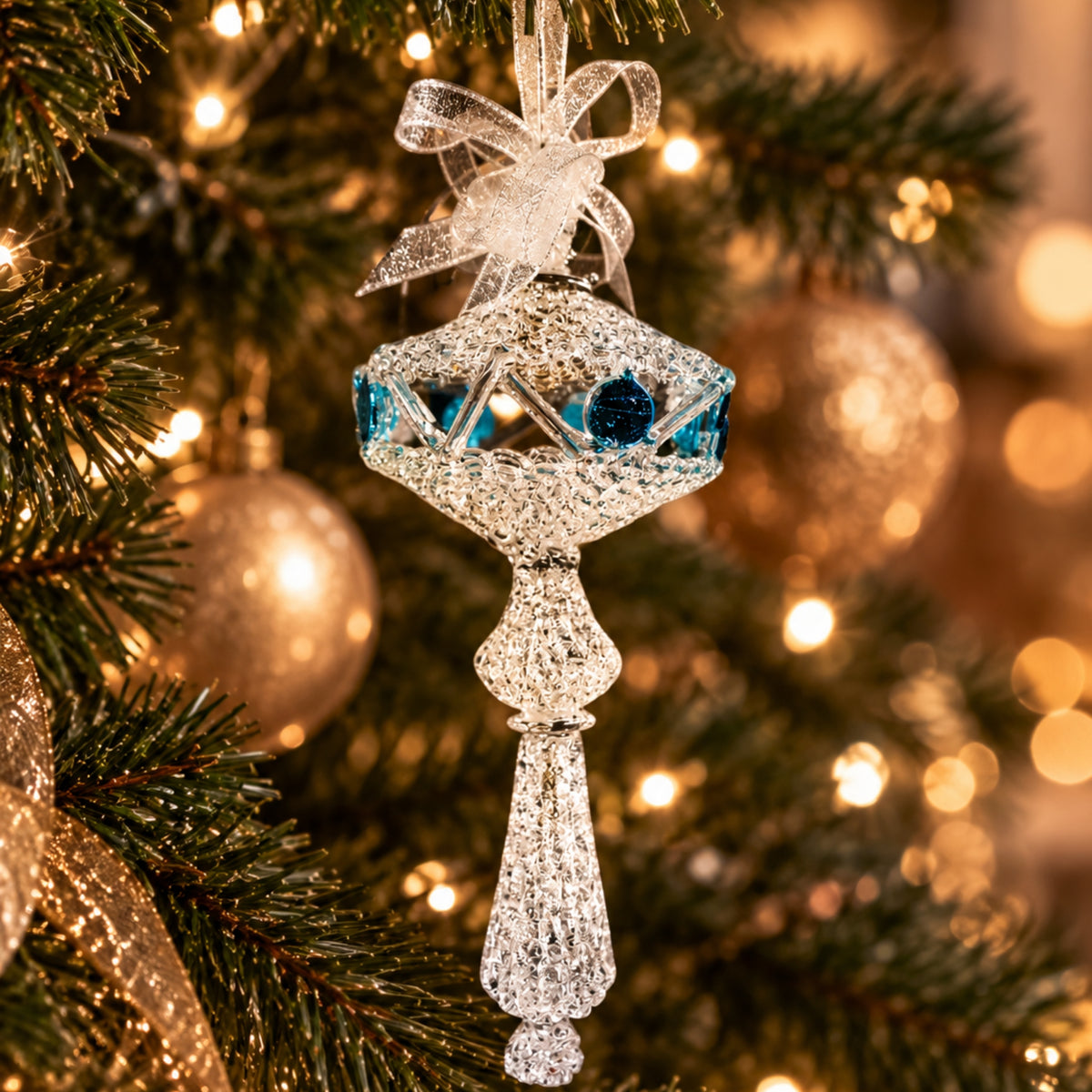 Crochet Glass Christmas Ornaments with Blue Leafing