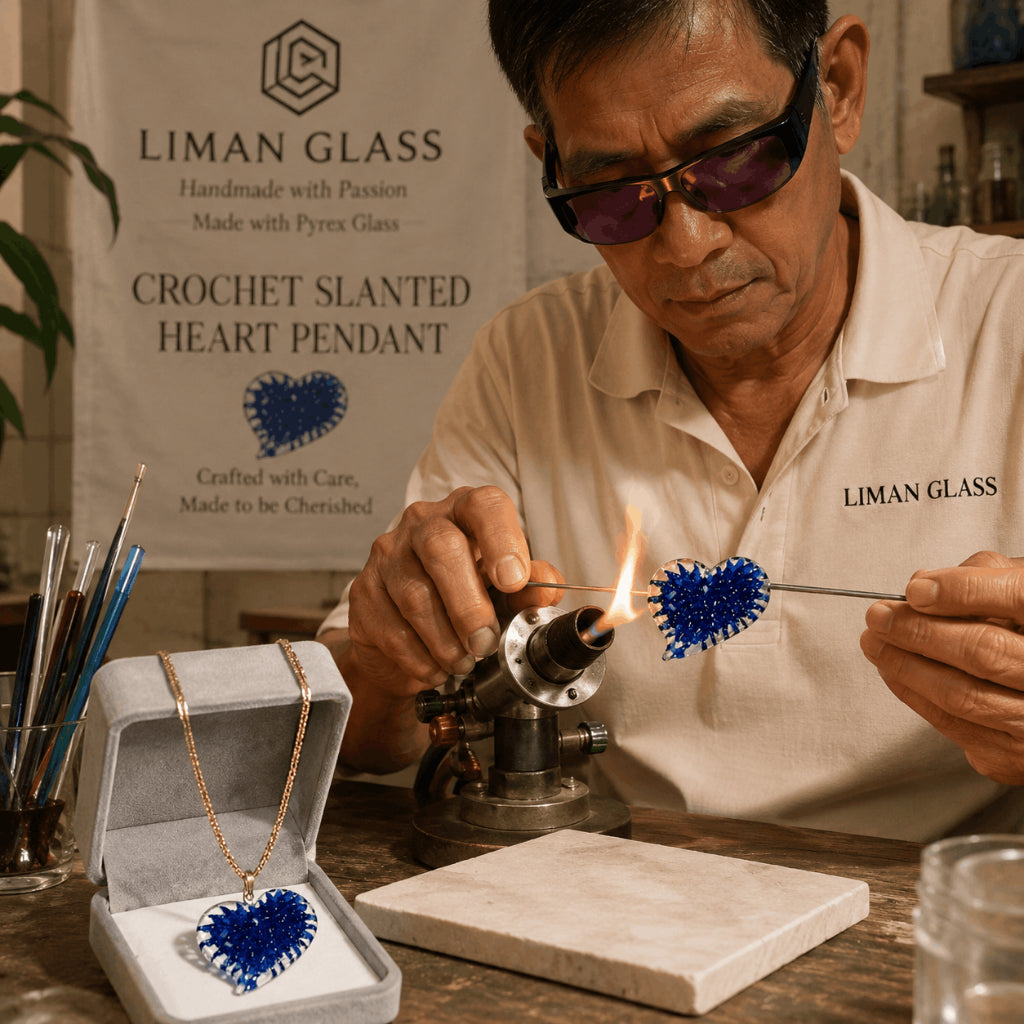 Glass Crochet Slanted Heart Pendant with Gold Chain and Jewelry Box
