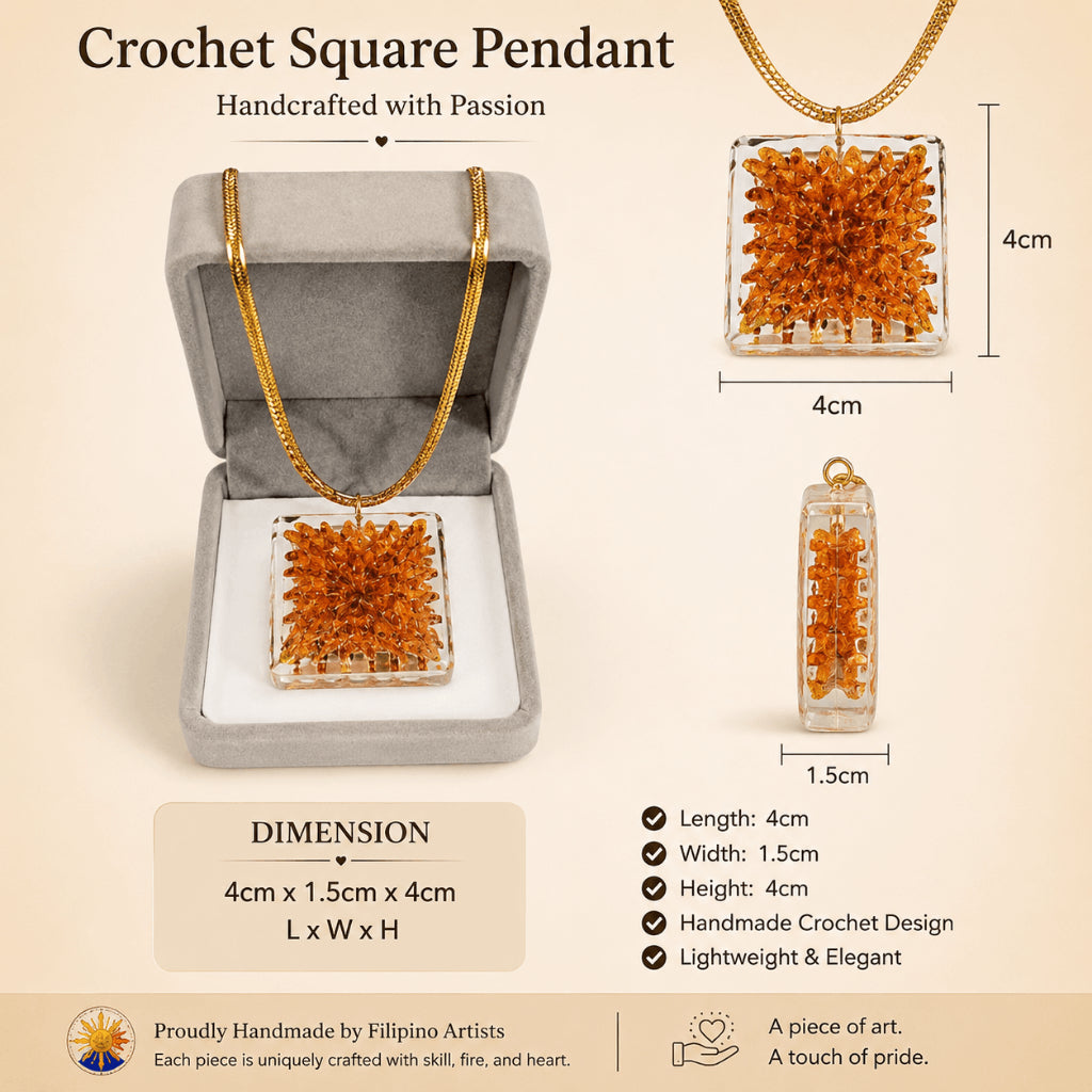 Square Crochet Glass Pendant Gold Chain Necklace