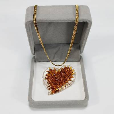 Glass Crochet Slanted Heart Pendant with Gold Chain and Jewelry Box