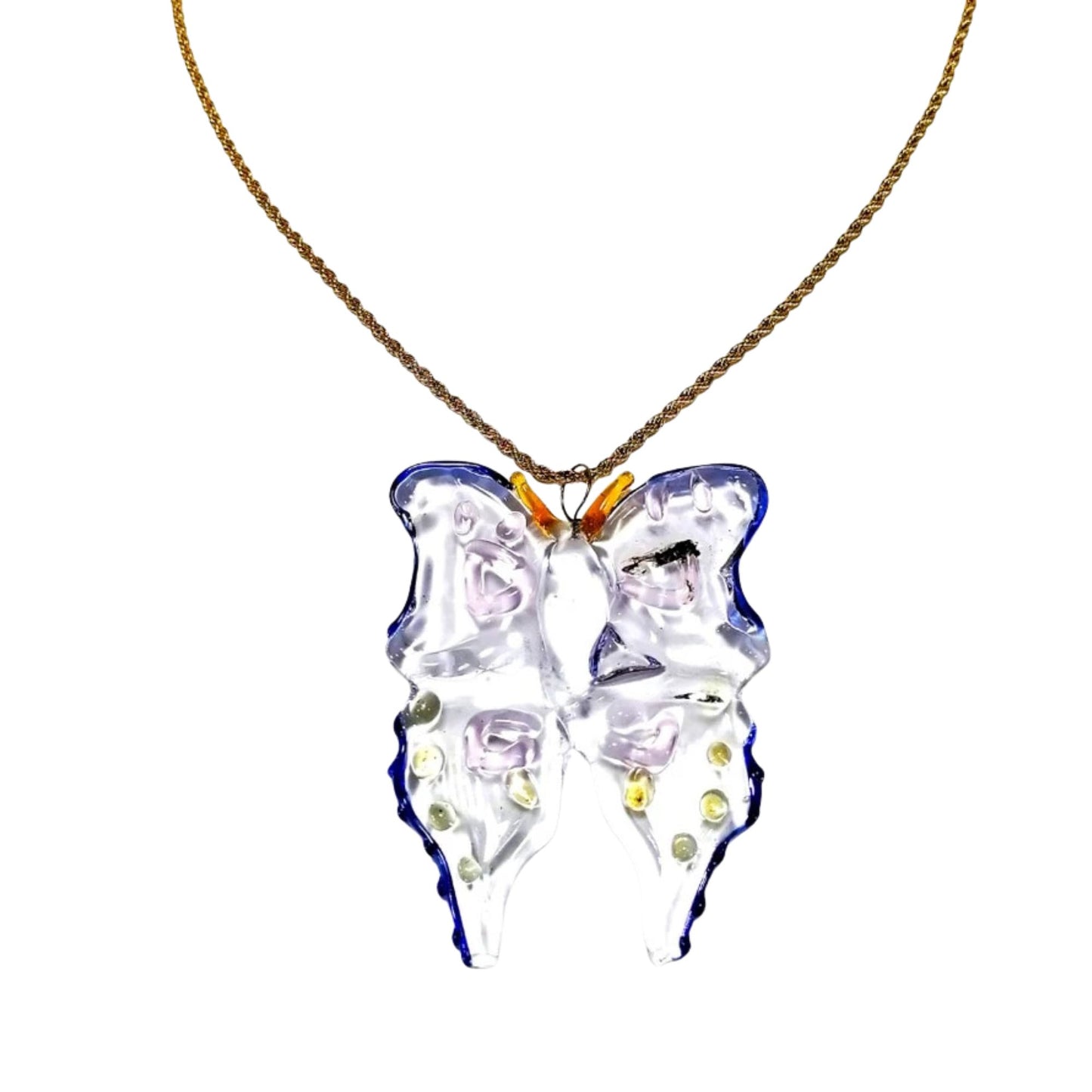 18k Gold Necklace Butterfly Glass Pendant