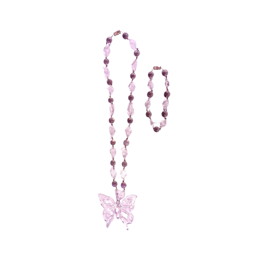Liman Glass Butterfly Pendant Beads & Diamond Necklace with Bracelet Set for Women
