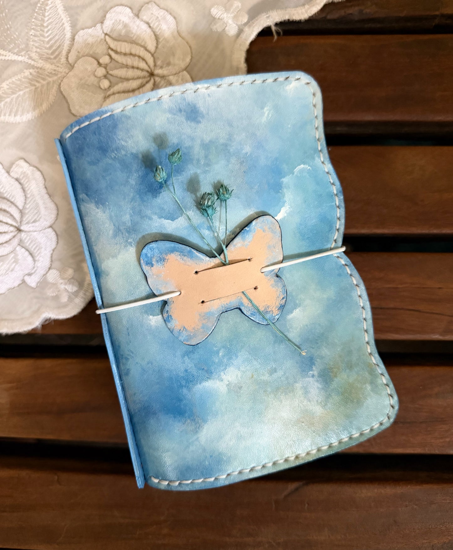 Hand-Painted, Hand-Stitched Leather Journal & Traveler's Notebook Cover | Cloud Drift