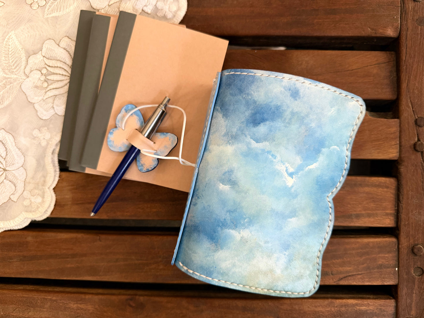 Hand-Painted, Hand-Stitched Leather Journal & Traveler's Notebook Cover | Cloud Drift