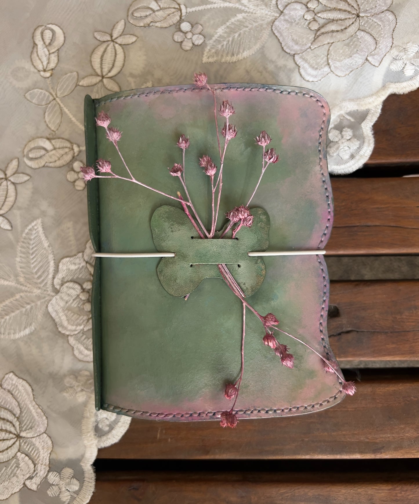 Hand-Painted, Hand-Stitched Leather Journal & Traveler's Notebook Cover | Soft Moss