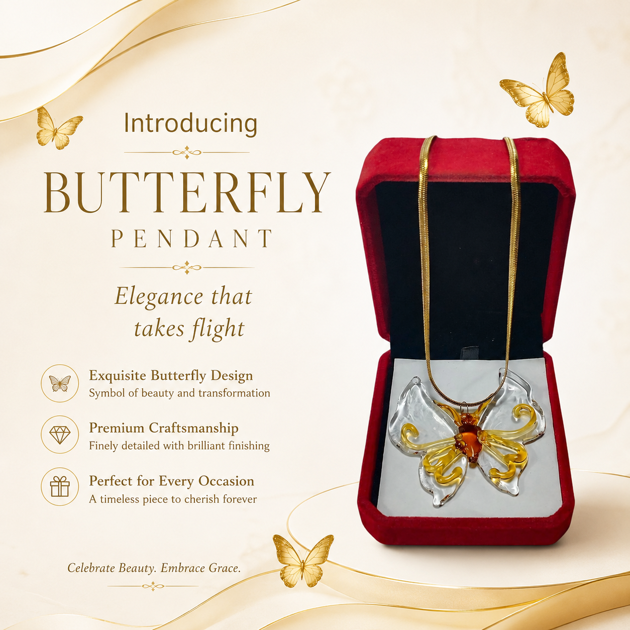 Glass Butterfly Pendant With 18k Gold Chain