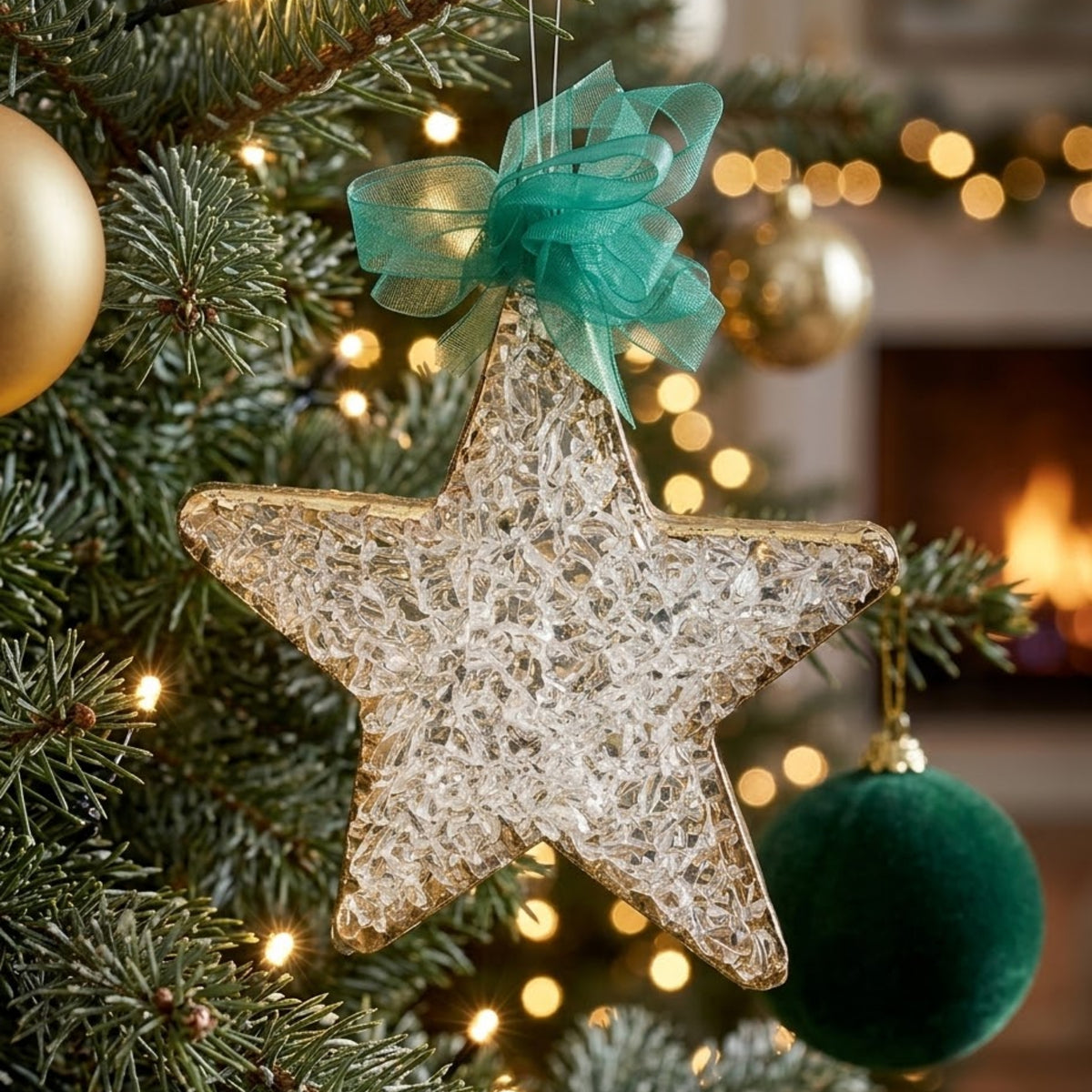 Christmas Star Ornaments Crochet Glass with Gold Lining