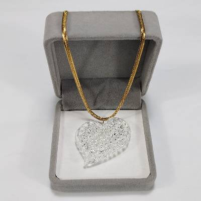 Glass Crochet Slanted Heart Pendant with Gold Chain and Jewelry Box