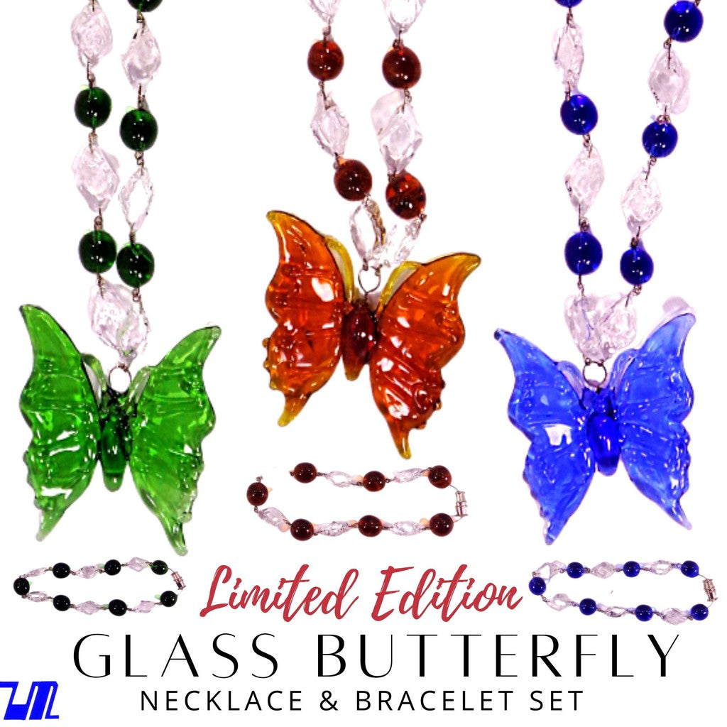 Liman Glass Butterfly Pendant Beads & Diamond Necklace with Bracelet Set for Women