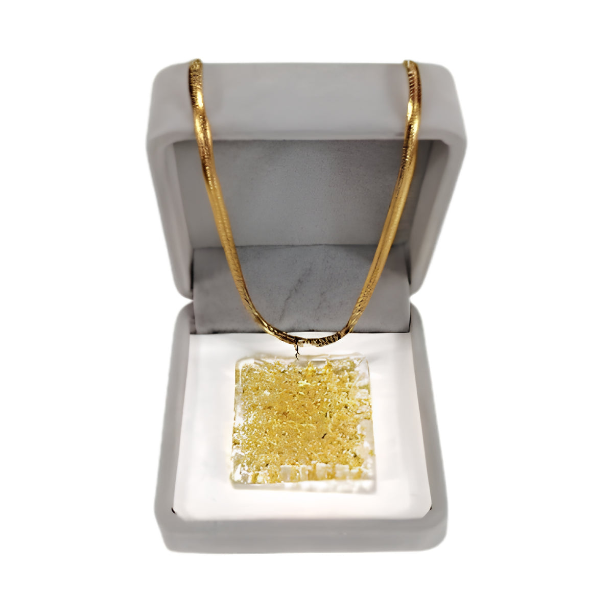 Square Crochet Glass Pendant Gold Chain Necklace