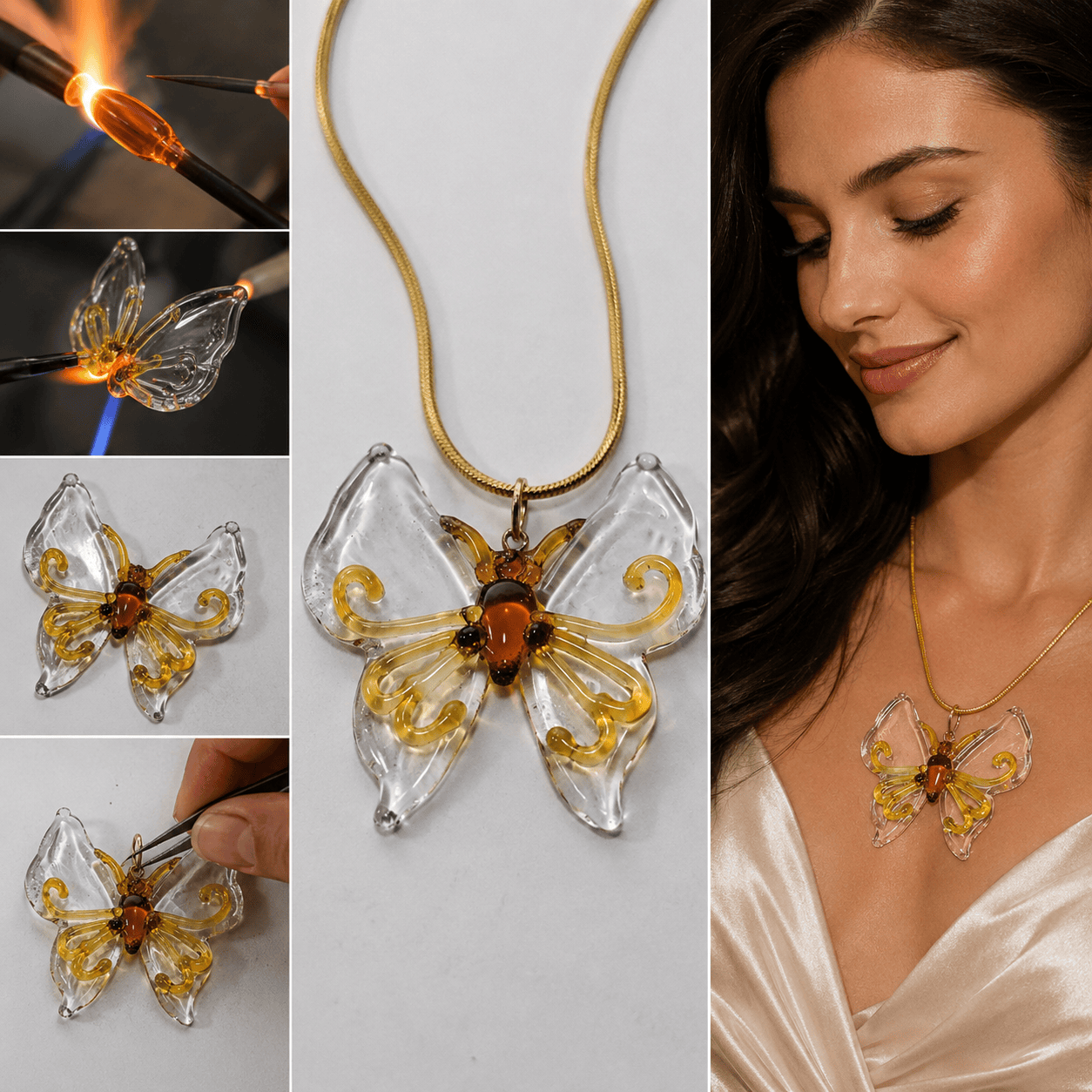 Glass Butterfly Pendant With 18k Gold Chain