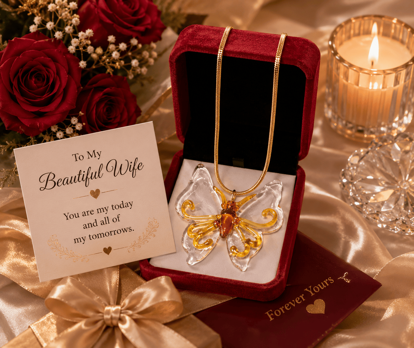 Glass Butterfly Pendant With 18k Gold Chain