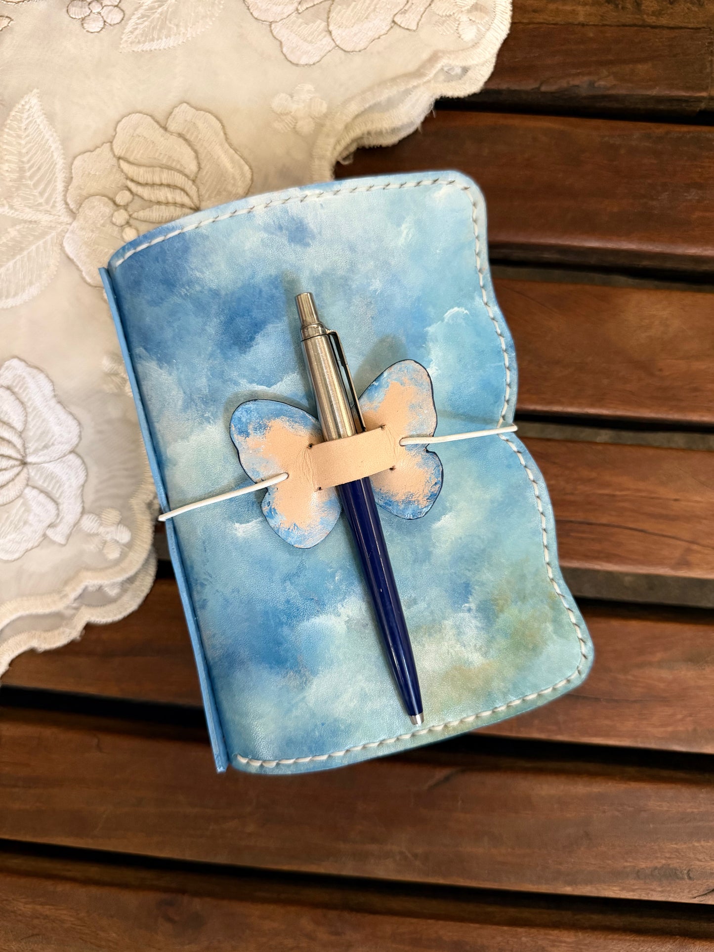 Hand-Painted, Hand-Stitched Leather Journal & Traveler's Notebook Cover | Cloud Drift