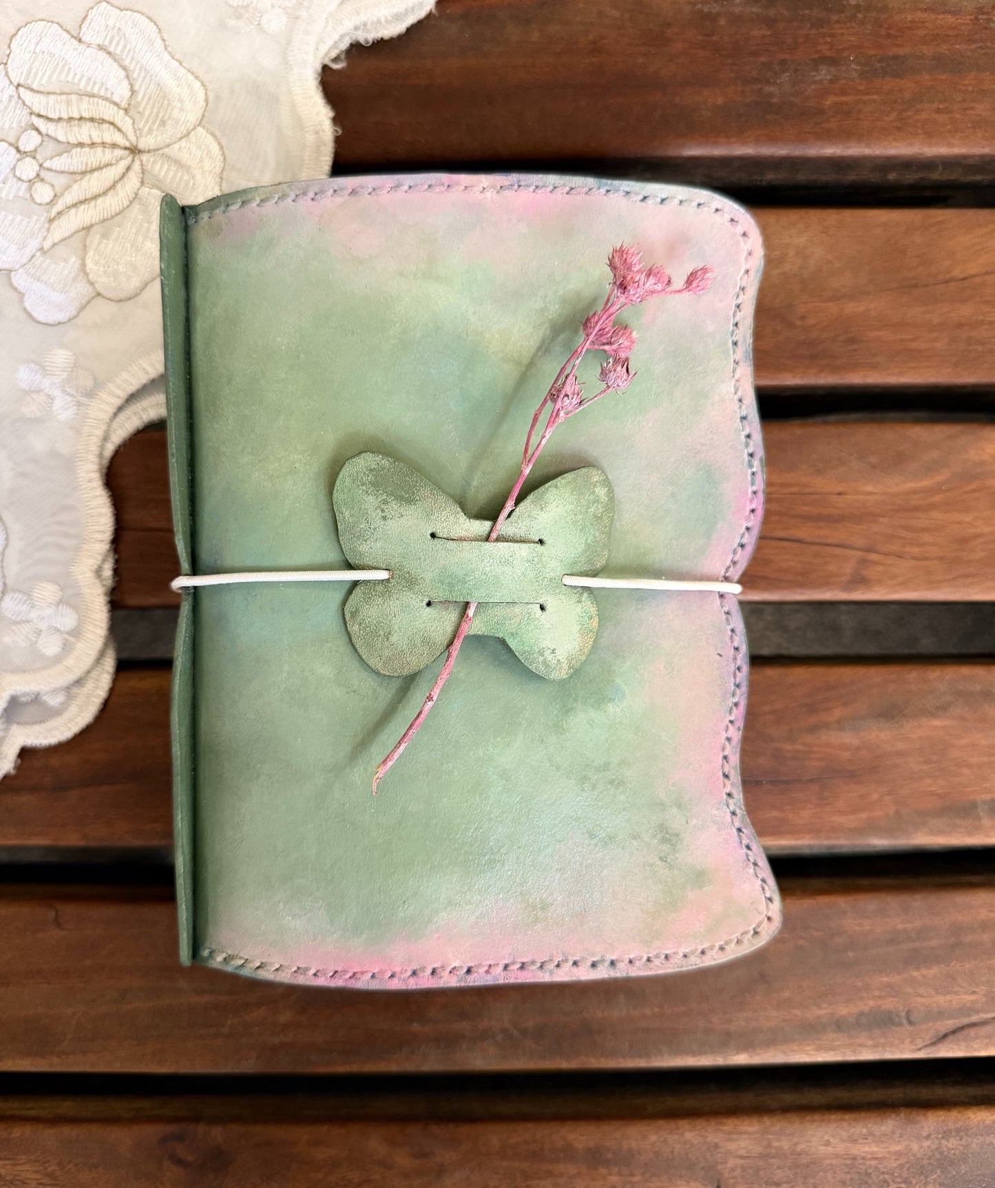 Hand-Painted, Hand-Stitched Leather Journal & Traveler's Notebook Cover | Soft Moss