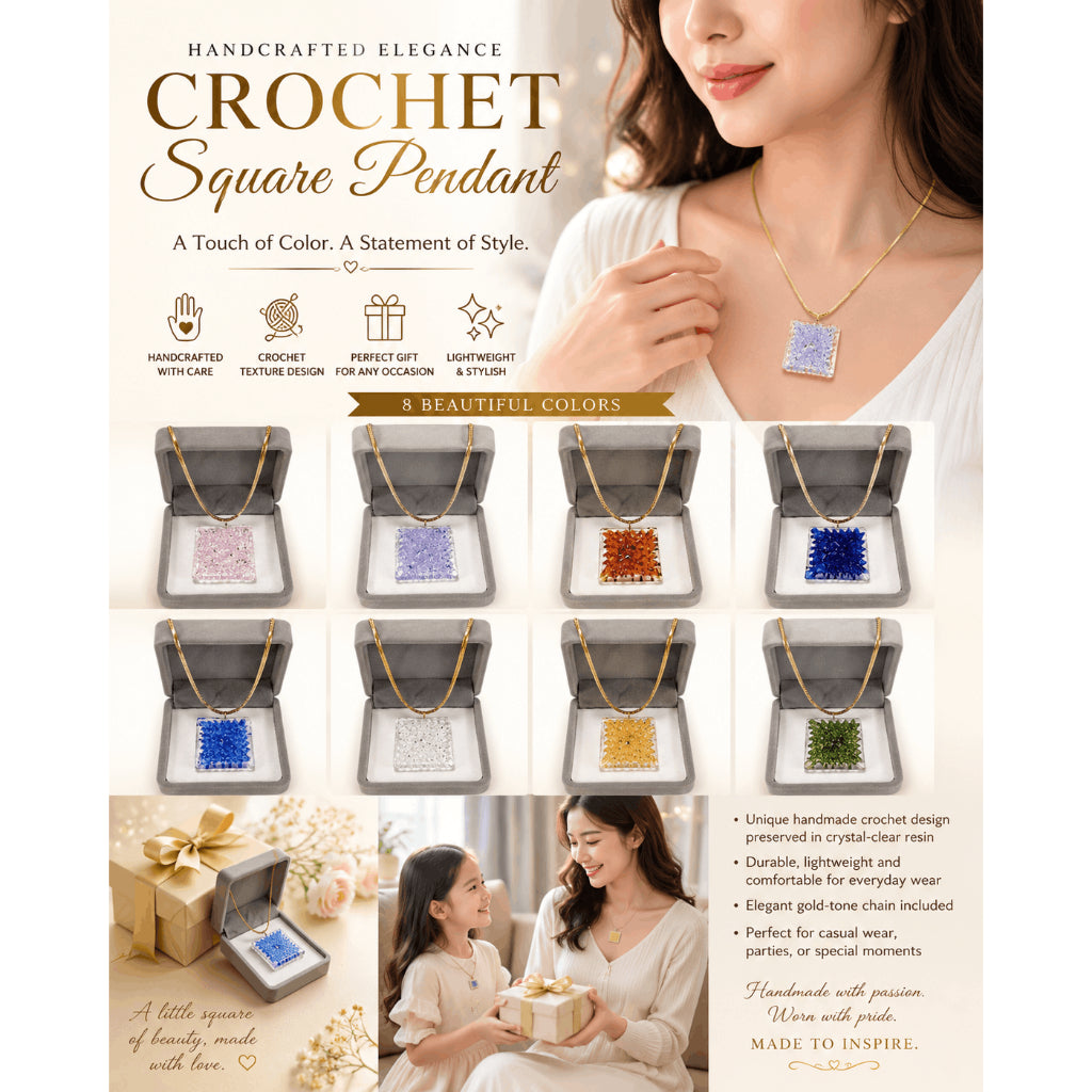 Square Crochet Glass Pendant Gold Chain Necklace