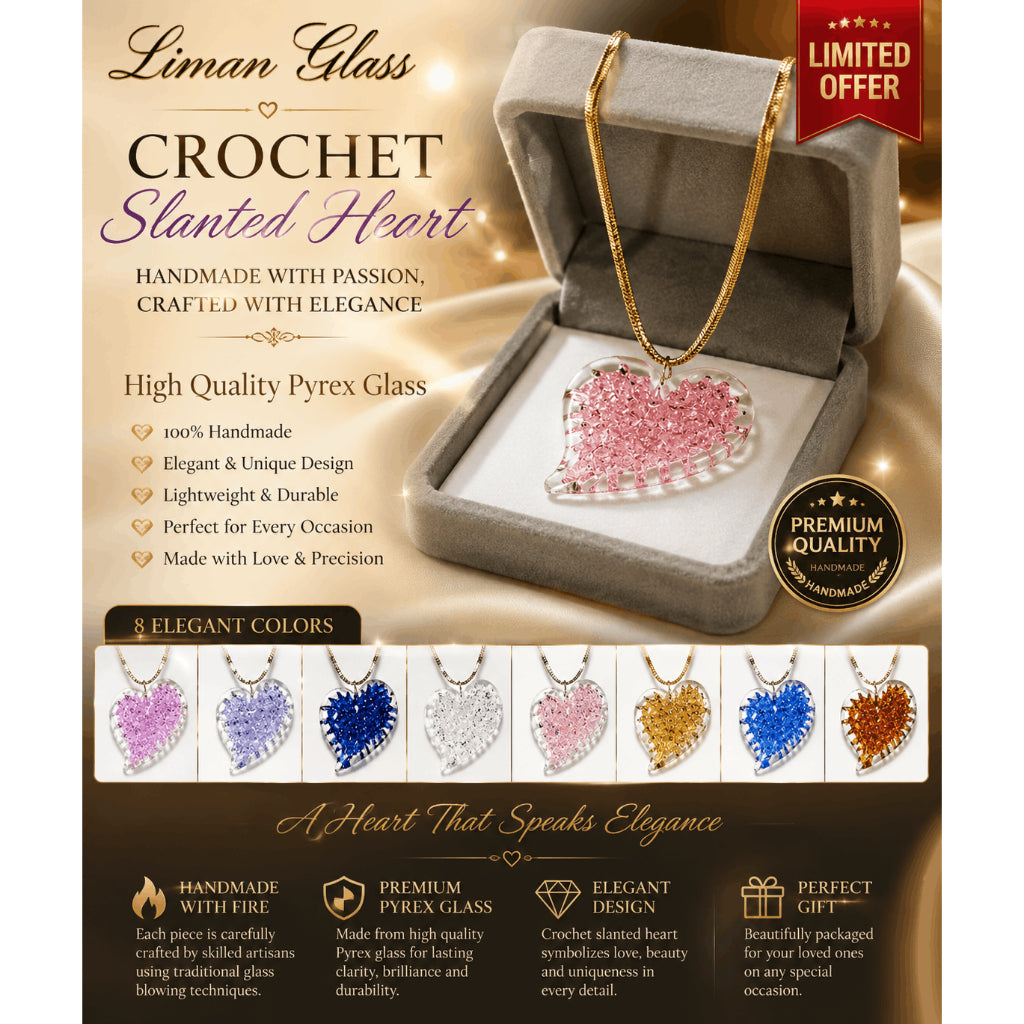 Glass Crochet Slanted Heart Pendant with Gold Chain and Jewelry Box