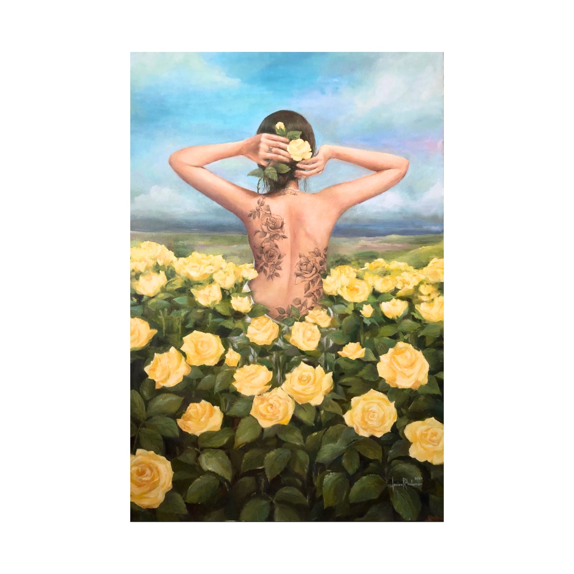 Naked Girl Standing in Flower Field Painting