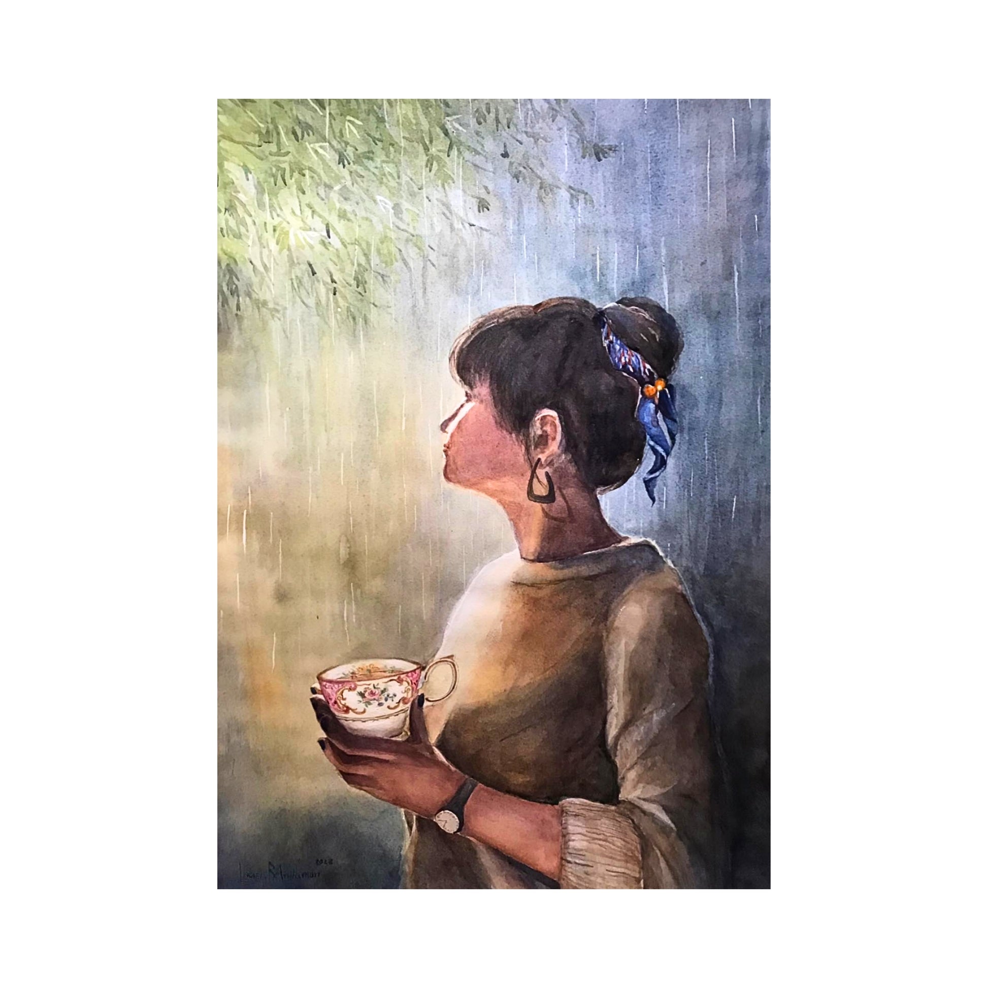 a lady holding teacup painting