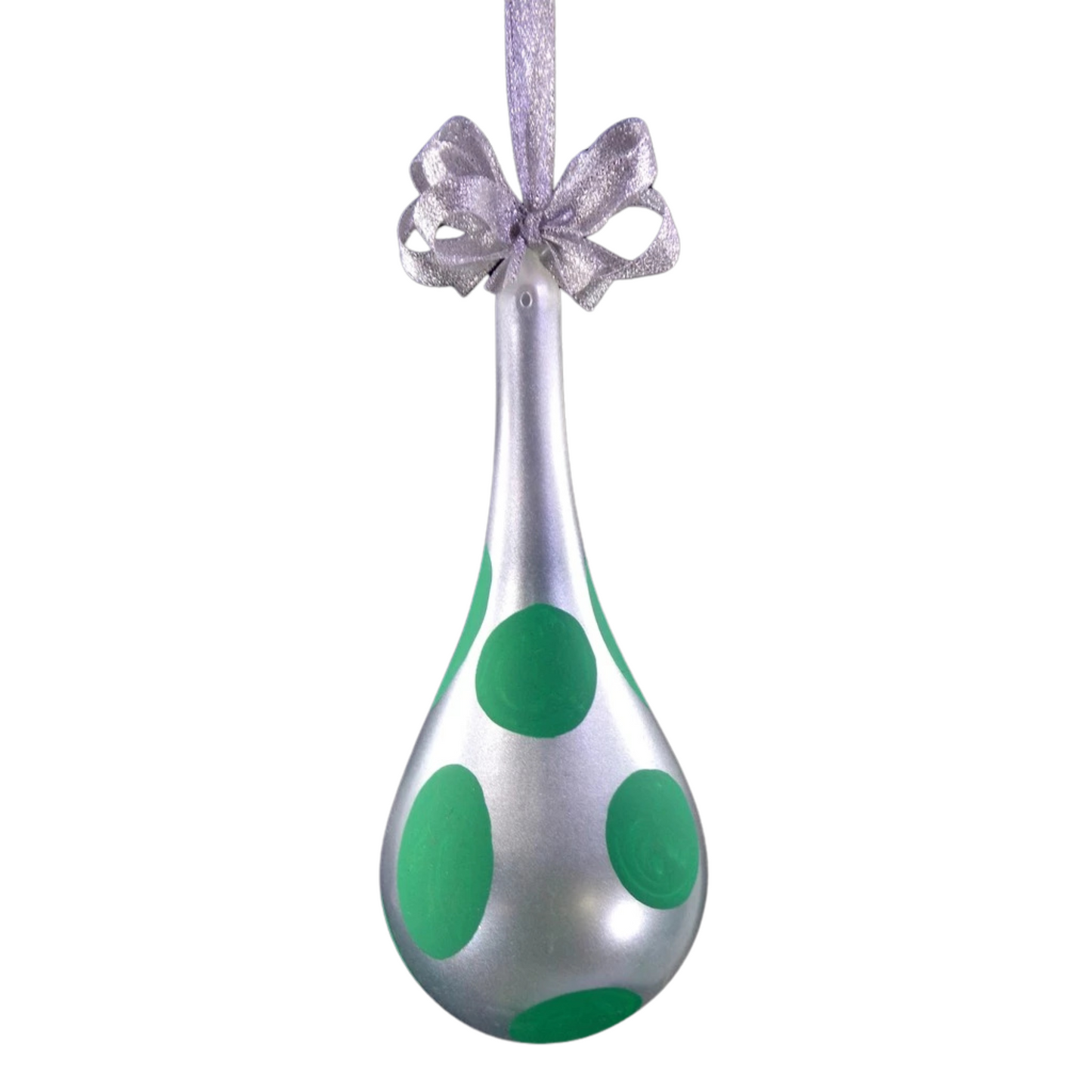 Set of 6pc Christmas Silver Glass Ornaments(Green Polkadots)