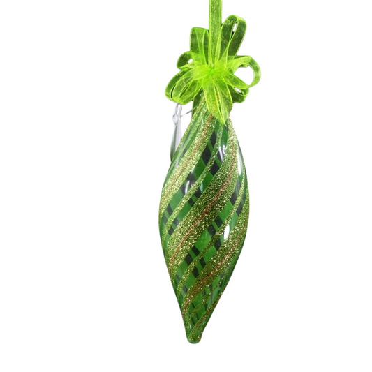 Set of 6pc Glitter Glass Christmas Tree Ornaments (Green & Gold Swirl)