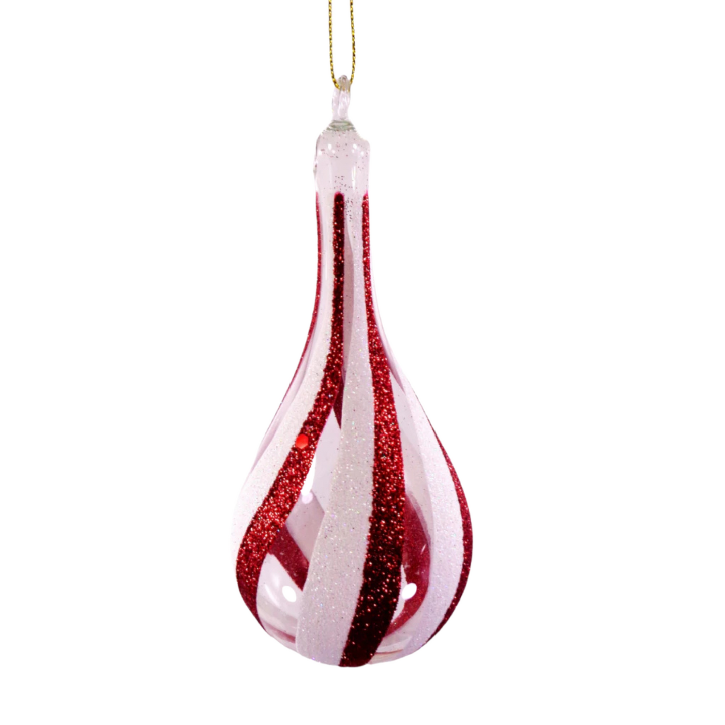 Set of 6pc Glitter Glass Christmas Tree Ornaments (Red & White Swirl)