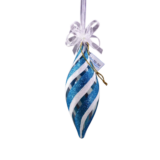 Set of 6pc Glitter Glass Christmas Tree Ornaments (Blue & White Swirls)