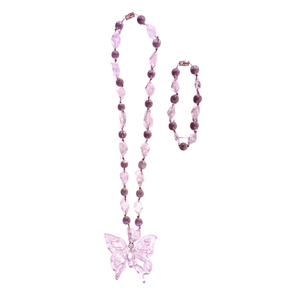 Liman Glass Butterfly Pendant Beads & Diamond Necklace with Bracelet Set for Women