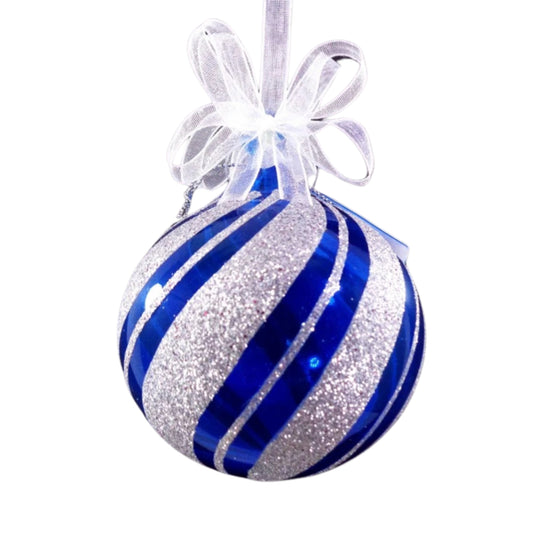 Set of 6pc Glitter Glass Christmas Tree Ornaments (Blue & Silver)