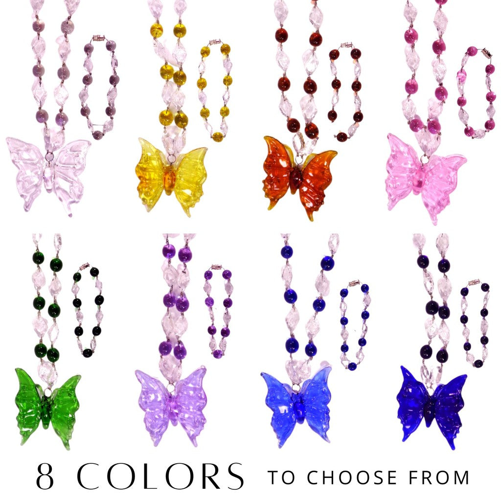Liman Glass Butterfly Pendant Beads & Diamond Necklace with Bracelet Set for Women