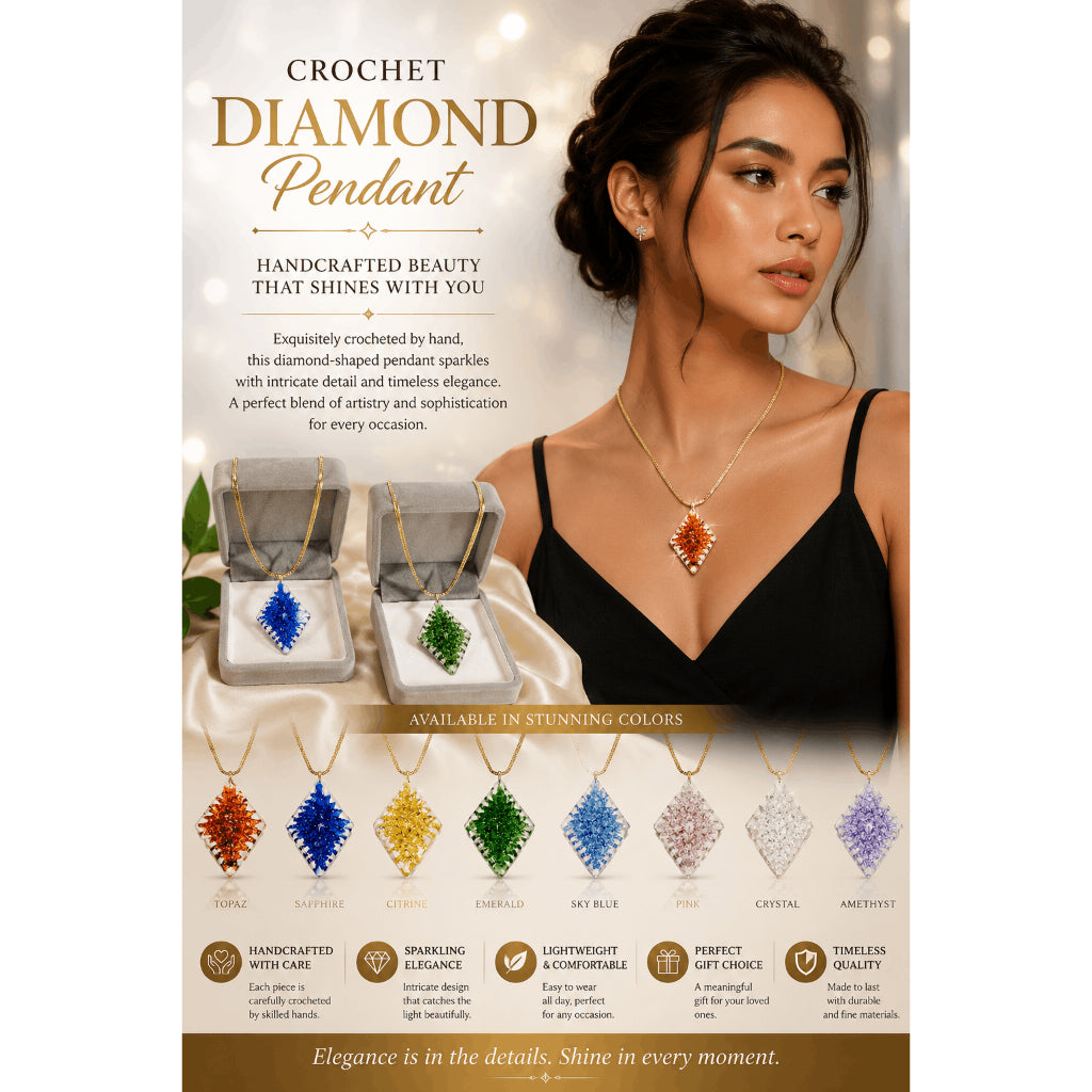 Diamond Crochet Glass Pendant Necklace 18k Gold Chain Jewelry Box