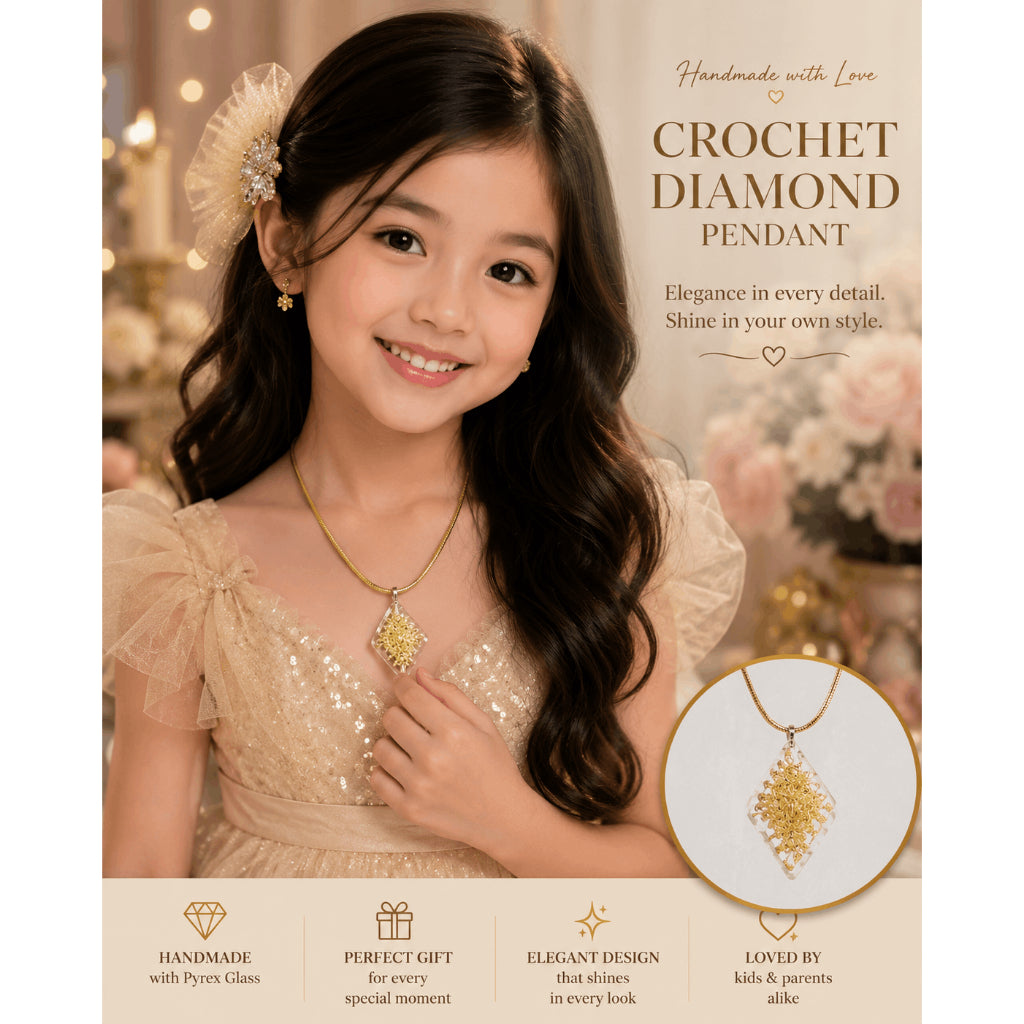 Diamond Crochet Glass Pendant Necklace 18k Gold Chain